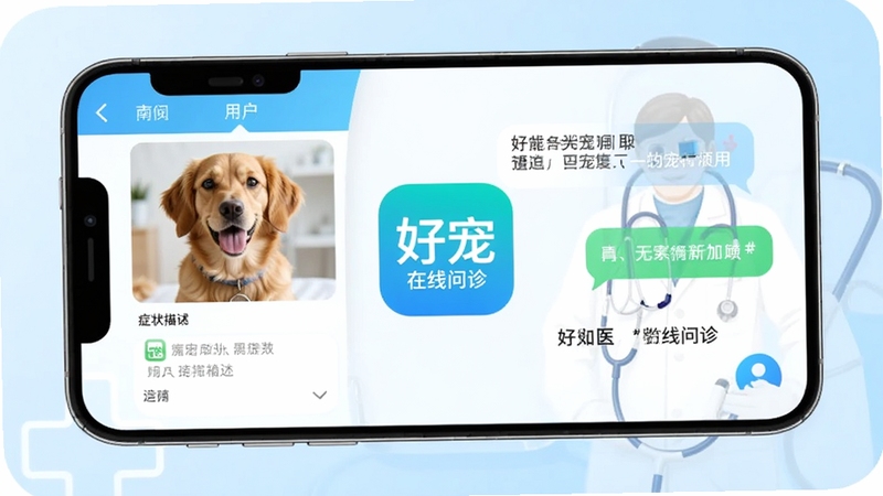 好宠医在线问诊界面展示,手机屏幕中显示宠物医生与用户图文对话窗口,左侧为宠物照片与症状描述输入框,右侧为医生回复气泡,背景为浅蓝色医疗风格,画面中央放置好宠医软件图标,整体简洁明亮