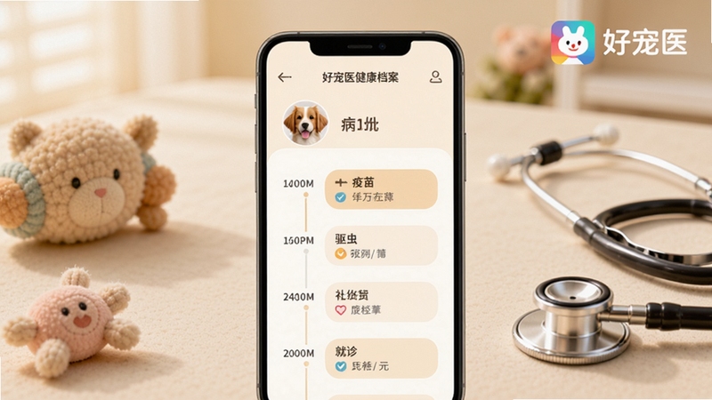 好宠医健康档案页面展示,手机界面中呈现宠物头像与时间轴式病历记录,包含疫苗、驱虫、就诊条目,背景为暖白色调,桌面放置宠物玩具与听诊器道具,画面右上角显示好宠医软件标志,风格温馨专业