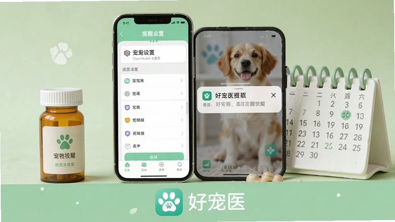 好宠医用药提醒功能展示,手机屏幕显示提醒设置界面与通知弹窗,旁边放置宠物药瓶与日历道具,背景为柔和浅绿色,画面下方有好宠医软件名称标识,整体清新自然