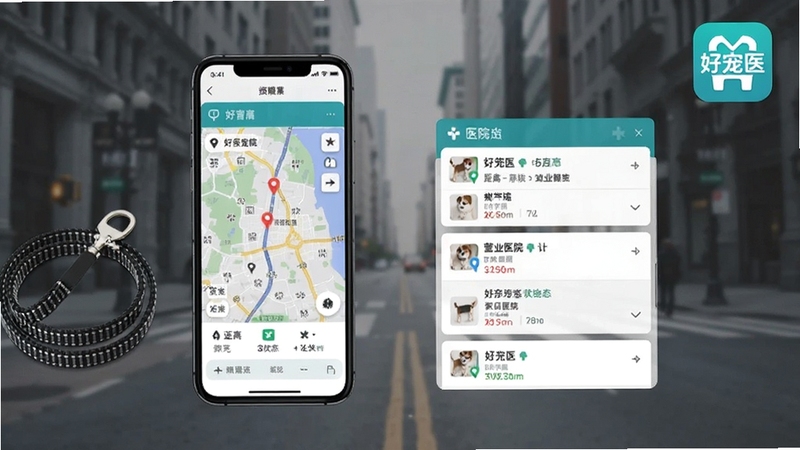 好宠医医院查询页面展示,手机界面呈现地图与医院列表,标注距离与营业状态,背景为城市街景虚化,画面一侧放置宠物牵引绳与手机,右上角显示好宠医软件图标,风格现代简洁