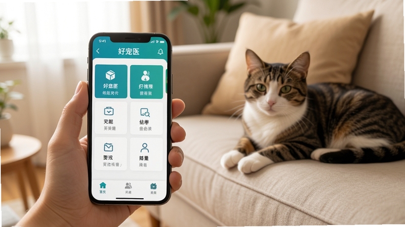 好宠医移动端使用场景展示,一只手握持手机显示软件主界面,背景为居家客厅与宠物猫趴在沙发上,画面光线柔和,手机屏幕中清晰可见好宠医功能模块,整体氛围轻松生活化