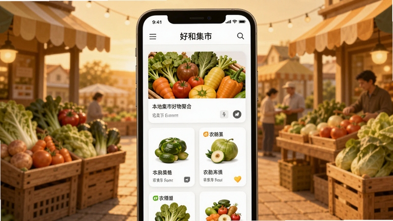 好和集市应用首页展示本地集市好物聚合界面,手机屏幕中排列着生鲜果蔬与农副产品的卡片列表,背景是温馨的社区集市场景,暖色调光线,扁平化UI风格,细节清晰
