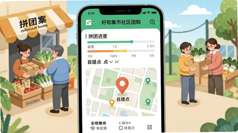 好和集市社区团购页面截图风格插画,手机界面显示拼团进度条与自提点地图标记,周围有居民取货场景,明亮清新配色,矢量插画风格