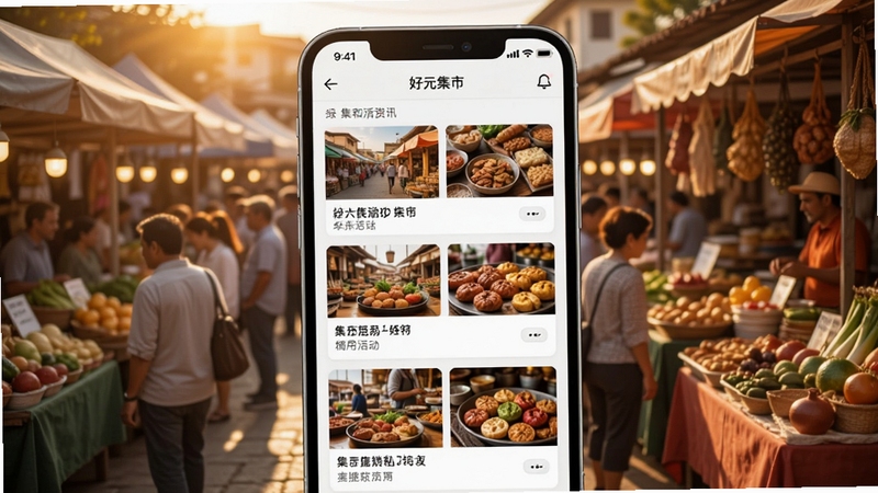 好和集市资讯板块界面展示,手机屏幕中排列着集市活动图文卡片,背景是热闹的集市人流与摊位,暖阳照射,生活化摄影风格