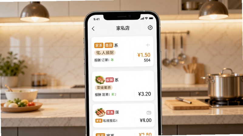 一席御厨APP订单大厅界面展示,手机屏幕中排列着多条家宴私厨订单卡片,显示菜系标签与报酬金额,背景为简洁明亮的厨房操作台,暖色调灯光,现代扁平化UI设计风格,细节清晰,适合应用商店宣传图