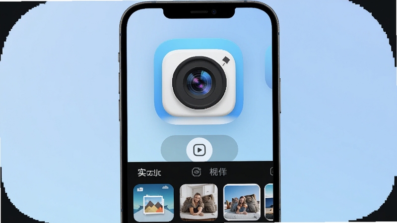 一款名为实况live相机免费的手机应用图标与界面展示,画面主体位于中央,背景为柔和的浅蓝色渐变,图标下方有实况动图拍摄按钮与相册缩略图,整体风格清爽现代,适配Boogu模型生成
