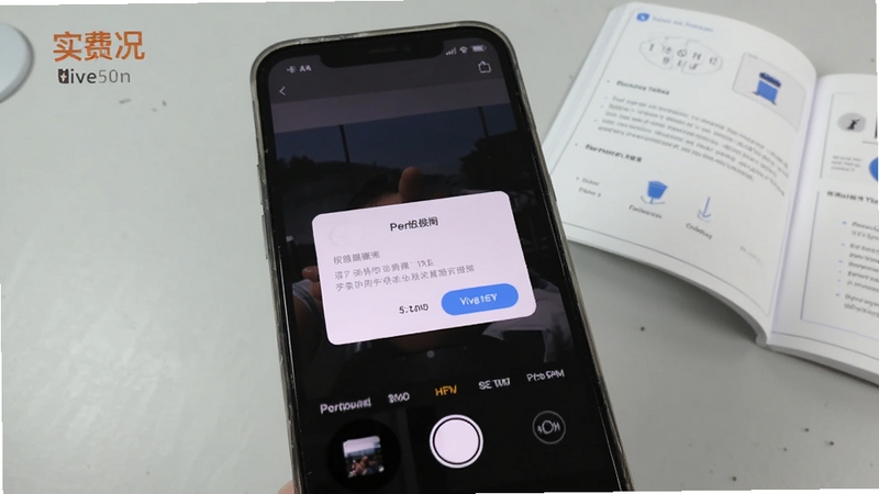 实况live相机免费使用教程示意图,画面为手机屏幕特写显示权限设置弹窗与拍摄按钮,背景为浅灰色桌面,旁边放置一本翻开的说明书,风格简洁直观