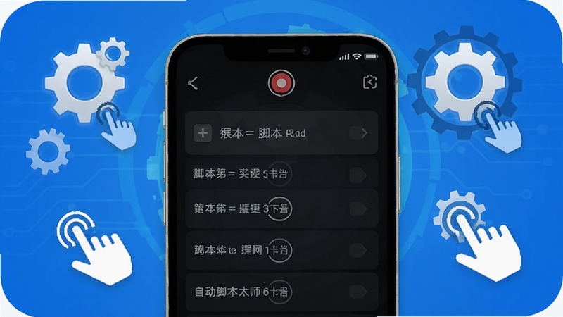 自动脚本大师手机端主界面与脚本列表展示,居中构图,蓝色科技感背景,画面中央为手机屏幕特写显示录制按钮和脚本列表,四周环绕齿轮与点击手势图标,整体清爽简洁,适合软件下载站配图