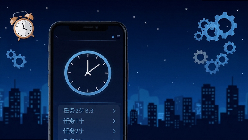 自动脚本大师定时任务设置页面,画面主体为手机屏幕显示时钟图标与任务列表,背景为深蓝色夜空与城市剪影,点缀闹钟与齿轮元素,整体呈现科技与时间管理的视觉氛围