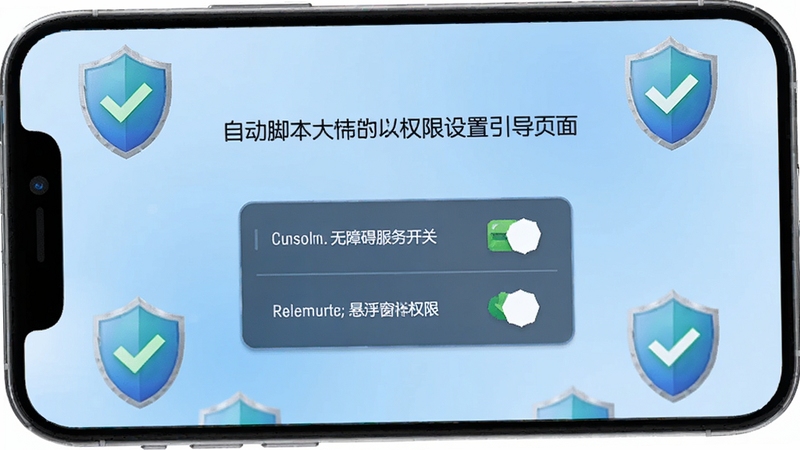 自动脚本大师权限设置引导页面,手机屏幕显示无障碍服务开关与悬浮窗权限选项,背景为浅蓝色渐变,周围环绕盾牌与对勾图标,突出安全授权与操作指引