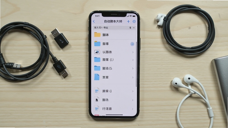 自动脚本大师脚本导入导出文件管理界面,手机屏幕居中显示文件夹与脚本文件列表,背景为浅色木质桌面,旁边散落数据线耳机等数码配件,画面生活化且清晰