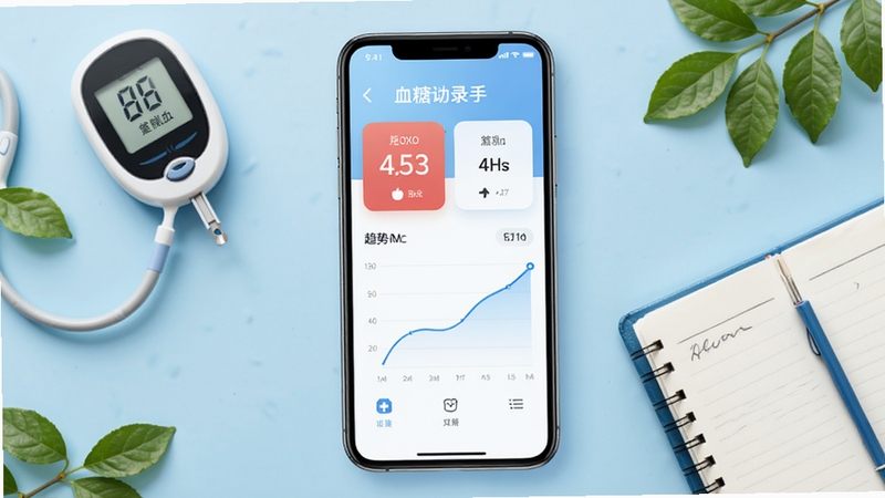 血糖记录助手软件主界面全貌展示,画面中央为手机屏幕,屏幕内呈现血糖数值卡片与趋势曲线,背景为浅蓝渐变健康主题色,周围点缀血糖仪、记录本、绿叶等医疗健康元素,整体风格清爽简洁,适合软件下载站展示