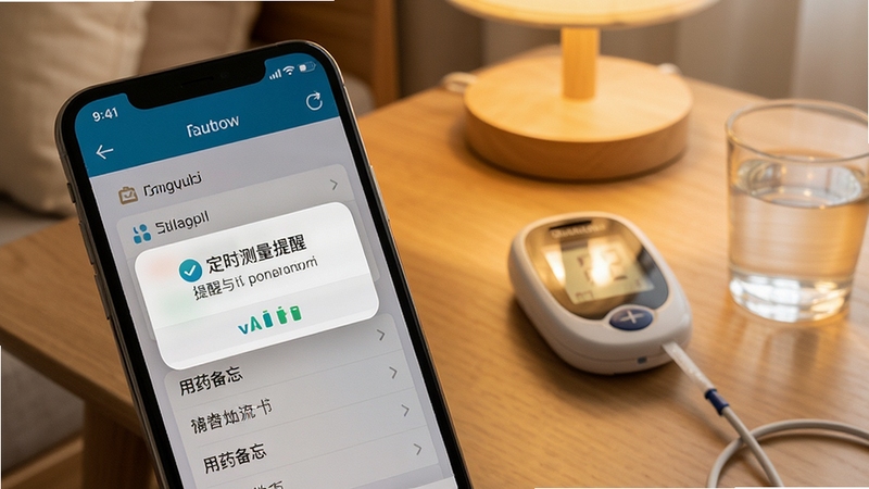 血糖记录助手提醒与备忘功能展示,手机屏幕显示定时测量提醒弹窗和用药备忘列表,背景为温馨的居家桌面场景,旁边放置血糖仪和水杯,整体色调温暖柔和,体现健康管理的生活化氛围