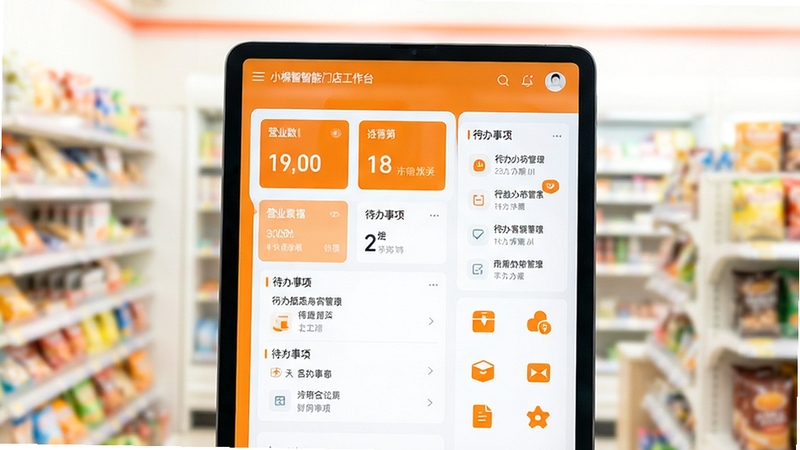 小橙智慧门店工作台界面特写,画面主体为一块竖屏平板,屏幕显示橙色系门店管理首页,包含营业数据卡片、待办事项列表与功能图标网格,背景为虚化的便利店货架,光线明亮柔和