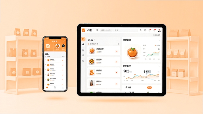 小橙智慧门店应用主界面全貌展示,画面中央为悬浮的手机与平板设备,屏幕上呈现门店管理工作台、商品列表与经营数据看板,背景为浅橙色渐变与简约货架剪影,整体风格清爽现代,适合软件下载站配图