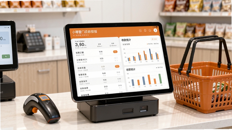 小橙智慧门店收银对账界面,画面主体为收银台前的平板设备,屏幕显示订单列表与收款统计图表,旁边摆放扫码枪与购物篮,背景为整洁的门店收银区,风格写实