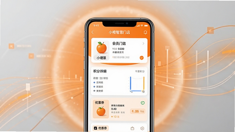 小橙智慧门店会员管理页面展示,画面中央为手机屏幕特写,显示会员信息卡片、积分明细与优惠券列表,背景为柔和的橙色光晕与抽象数据线条,整体简洁明快