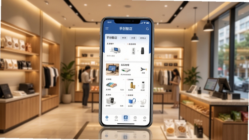 孚创智店门店经营管理软件主界面展示,画面中央为手机屏幕呈现收银台与商品管理功能模块,背景为现代化零售店铺环境,暖色调灯光,简洁商务风格,高清细节