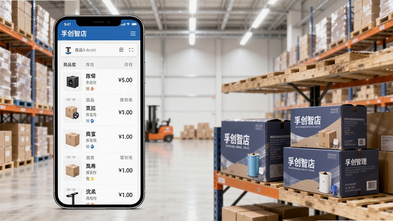 孚创智店商品库存管理界面,手机屏幕显示商品列表与库存数量,旁边有货架和商品包装盒,背景为整洁的仓库环境,明亮光线,写实风格,突出数字化管理细节