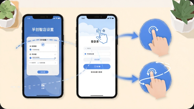 孚创智店新手安装设置流程示意图,手机屏幕显示权限设置与登录界面,旁边有操作手势图标,背景为简洁的浅色桌面,扁平化插画风格,突出步骤引导