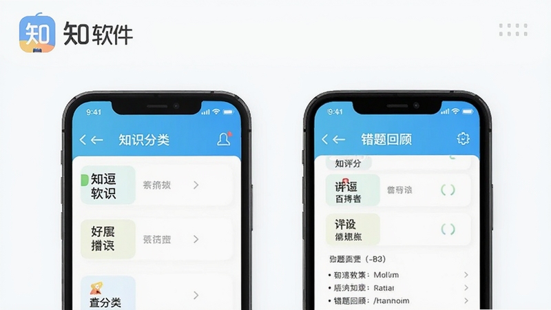 知逗软件功能展示图,画面呈现手机界面中的知识分类列表与错题回顾页面,配色清新,包含知逗名称标识,整体为扁平化设计风格