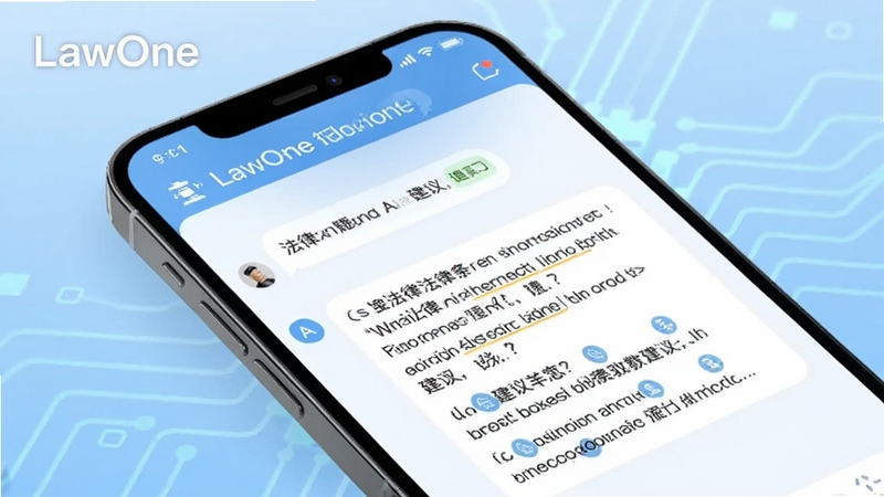 画面主体为一部手机屏幕特写,屏幕上显示LawOne智能问答界面,用户输入框中有文字气泡,AI回复区域展示法律条文引用与建议要点,背景为浅蓝色渐变与抽象电路纹理,画面左上角有LawOne字样标识,整体风格清爽现代,突出人机对话的智能感,细节清晰