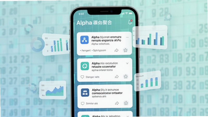 一部手机屏幕中展示Alpha派信息聚合页面,多条资讯卡片整齐排列,背景为柔和的蓝绿色数据网格与漂浮的图表元素,整体画面简洁明亮,突出信息整理与阅读体验