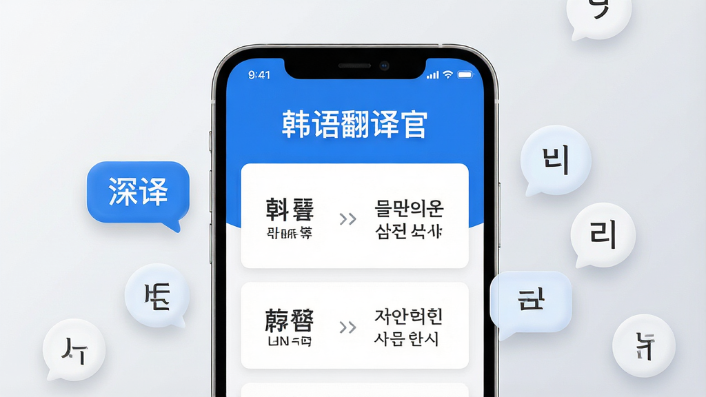 画面中央放置一部智能手机,手机屏幕显示蓝白色调的翻译应用界面,界面顶部写有“韩语翻译官”四个字,屏幕内呈现中文与韩文对照的翻译结果卡片,手机两侧分别飘浮着中文汉字气泡与韩文字母气泡,背景为简洁的浅灰色渐变,整体风格清爽现代,细节干净,画质清晰,无多余装饰元素