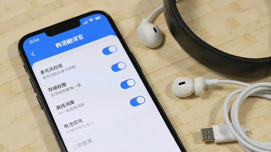 手机屏幕显示“韩语翻译官”设置页面,页面内列出麦克风权限、存储权限、离线词库、电池优化等选项开关,界面采用蓝白配色,手机旁放置一副耳机与充电线,背景为浅色桌面,风格简洁写实,画质清晰,画面干净
