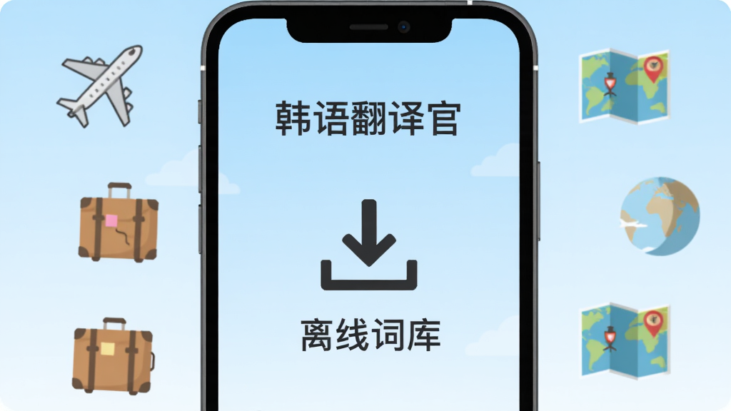 手机屏幕显示“韩语翻译官”离线翻译模式界面,界面中央有一个下载箭头图标与“离线词库”字样,手机周围环绕着飞机、行李箱、地图等旅行元素的小图标,背景为浅蓝色渐变,风格扁平化,排版整洁,画质清晰,无多余元素