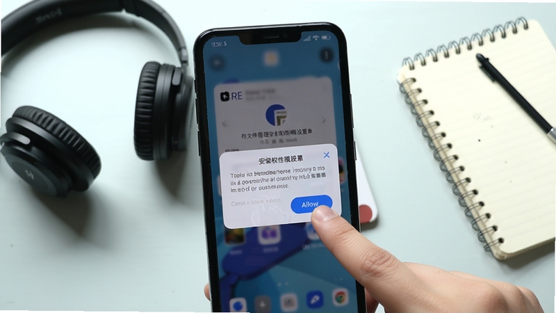 RE文件管理安装权限设置操作示意,画面展示手机屏幕弹出存储权限申请对话框,手指点击允许按钮,背景为浅色桌面环境,旁边放置一副耳机与记事本,整体风格生活化,突出新手引导场景