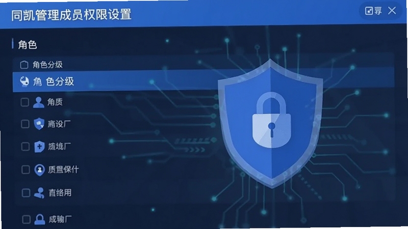 同凯管理成员权限设置界面,角色分级列表,盾牌图标元素,科技蓝配色,扁平插画风格