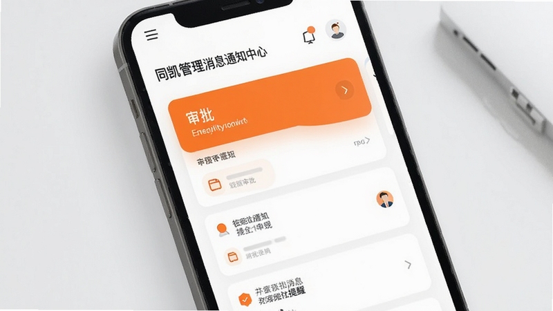 同凯管理消息通知中心界面,审批卡片与提醒列表,橙色点缀,手机屏幕展示,现代简约风格