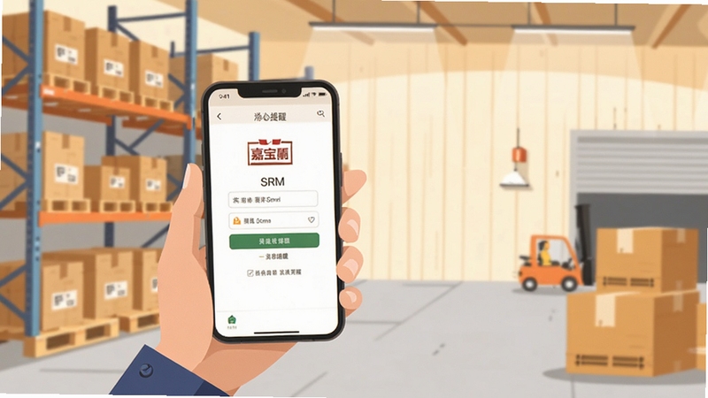 嘉宝莉 SRM 移动端操作引导场景,手持手机展示应用登录与消息提醒界面,背景为现代仓库货架与打包纸箱,画面色调温暖明亮,扁平化插画风格,突出移动办公与供应链协作的日常场景