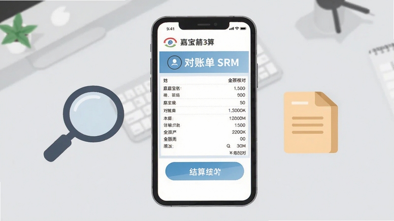 嘉宝莉 SRM 对账结算功能界面,手机屏幕展示对账单明细与金额核对页面,旁边配有放大镜与文档图标,背景为浅灰色办公桌面,画面干净利落,扁平化商务插画风格,体现财务对账的便捷与准确