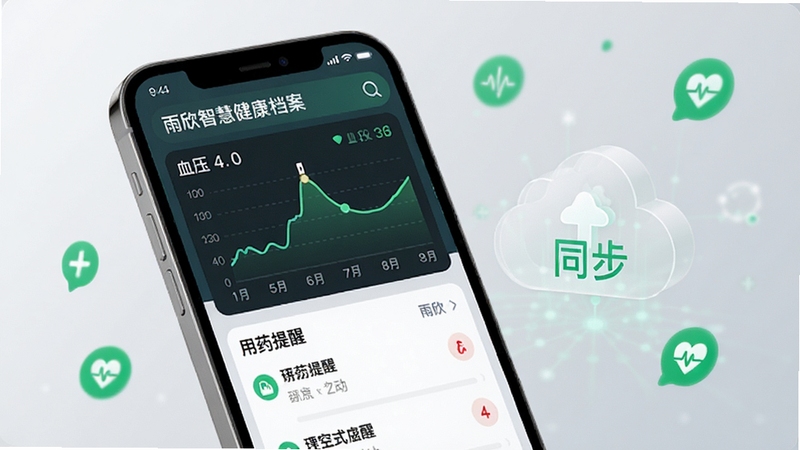 雨欣智慧健康档案功能特写,画面展示手机屏幕上的健康数据面板,包含血压曲线图与用药提醒列表,旁边有半透明的云端同步图标,背景为浅灰色渐变,点缀绿色健康符号,整体视觉清新科技感,体现雨欣智慧的数据管理能力