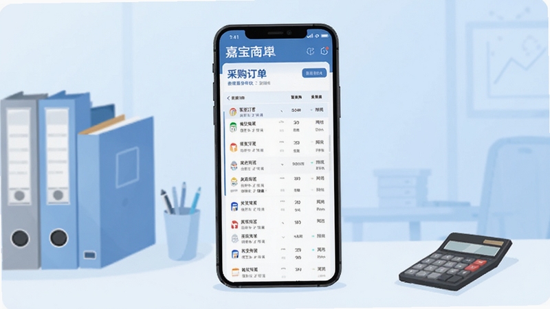 嘉宝莉 SRM 应用整体界面展示,手机屏幕居中放置,屏幕内呈现采购订单列表与数据看板,背景为简洁的浅蓝色渐变办公场景,桌面摆放文件夹与计算器,画面明亮清晰,商务扁平化插画风格,突出移动办公与供应链协同氛围