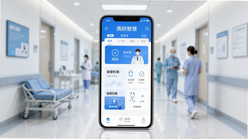 雨欣智慧应用主界面展示,画面中央是一部智能手机,屏幕上呈现蓝白色调的医疗健康服务首页,包含问诊入口与健康档案模块,背景为虚化的现代医院走廊,光线柔和明亮,整体风格简洁专业,突出雨欣智慧品牌标识