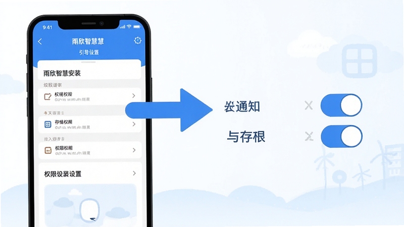 雨欣智慧安装与权限设置示意图,画面展示手机设置界面中的权限管理页面,旁边有箭头指向通知与存储权限开关,整体采用扁平化插画风格,配色以蓝白为主,背景简洁,突出雨欣智慧安装引导场景
