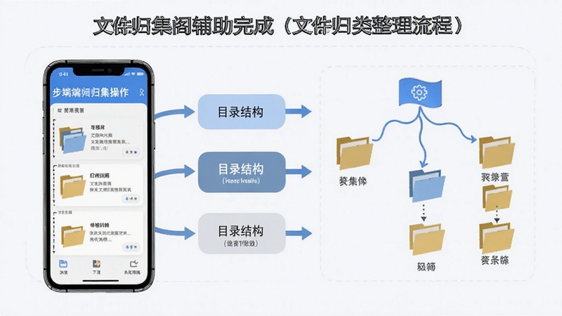 文件归集阁辅助完成文件归类整理流程的步骤示意图,展示手机端归集操作与目录结构