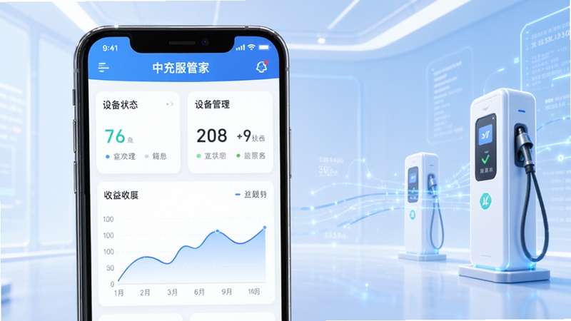 一款名为中充服管家的手机应用界面展示图,画面主体位于中央偏左位置,展示手机屏幕内的商户管理仪表盘,包含设备状态卡片和收益曲线图表,背景为浅蓝渐变色的简约科技风格空间,右侧点缀充电桩轮廓与数据流动线条,整体画面干净明亮,突出中充服管家软件的核心管理属性
