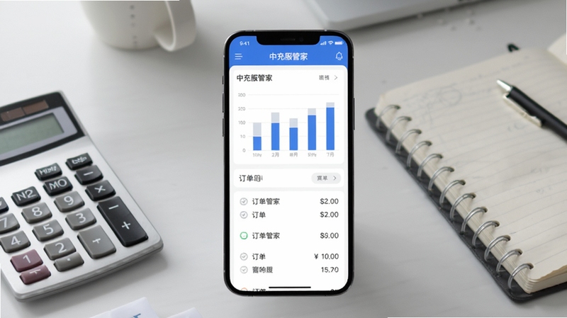 中充服管家应用内的收益统计页面示意图,画面主体位于画面中央,手机屏幕显示柱状图与订单列表,背景为淡灰色办公桌面环境,旁边放置计算器与笔记本,光线柔和,体现商户对账查收益的使用场景,画面中可出现中充服管家字样