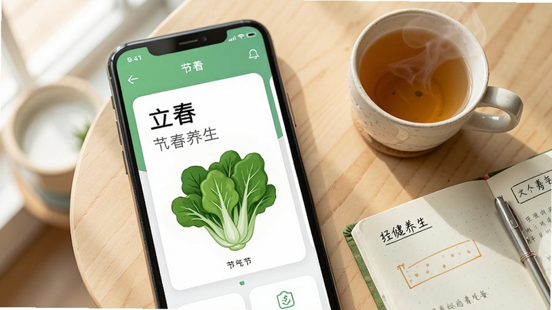 健康养生应用界面特写,手机屏幕展示节气养生卡片,卡片上有立春字样与绿色蔬菜插图,旁边放置一杯热茶与一本翻开的手账本,背景为浅木色桌面,自然光从左侧照入,画面干净整洁,突出生活气息