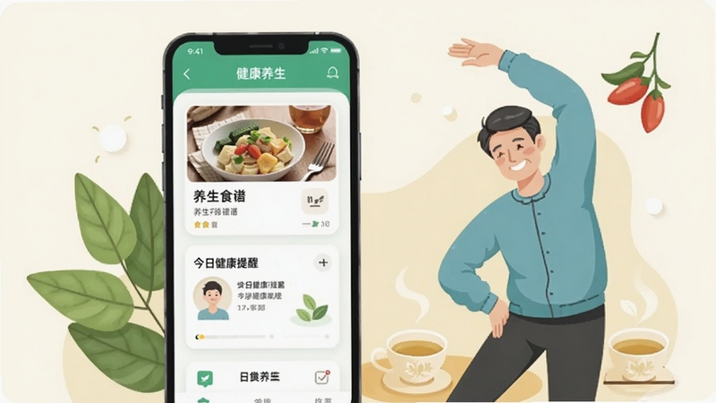 整体画面以温暖米白色为背景,画面中央偏左位置放置一部智能手机,屏幕显示健康养生应用首页,包含养生食谱卡片与今日健康提醒;右侧区域绘制一位面带微笑的中年人正在做伸展动作,背景点缀绿叶、枸杞、茶杯等养生元素,整体风格清新柔和,扁平插画质感,光线明亮均匀