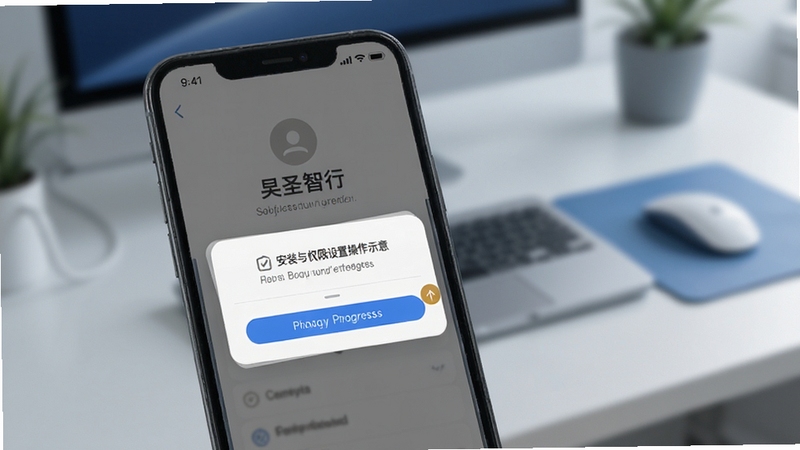昊圣智行安装与权限设置操作示意,画面主体为手机屏幕显示权限授权弹窗与安装进度条,背景为简洁的桌面环境虚化处理,蓝灰配色,适配Boogu模型生成
