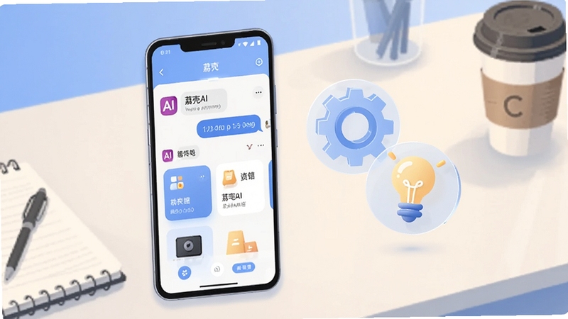 整体画面采用明亮柔和的科技蓝与暖白配色,画面中心偏左位置放置一部竖屏安卓手机,手机屏幕内展示荔壳AI的对话界面与功能卡片,手机右侧悬浮半透明的齿轮与灯泡图标象征智能与灵感,背景区域为浅色渐变的工作台桌面,桌面上散落笔记本和咖啡杯,画面风格为简洁的扁平化插画,细节清晰,构图平衡,适合作为软件下载页头图