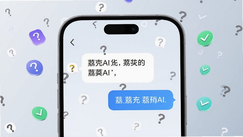 画面主体为一部手机屏幕特写,屏幕中央显示荔壳AI的对话气泡,气泡内是简洁的文字问答内容,手机周围漂浮着问号与对勾的小图标,背景为浅灰蓝色渐变,整体风格清爽现代,突出对话交互的直观感,画面细节包括屏幕边缘的圆角与轻微反光,适合作为功能展示配图