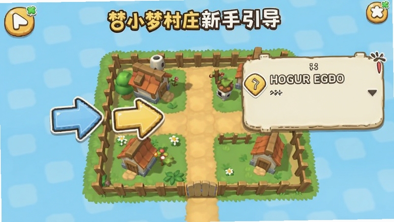 梦想小村庄新手引导界面,画面展示卡通风格的操作提示箭头与任务对话框,背景为小镇初始地块,风格简洁友好,适配Boogu模型生成