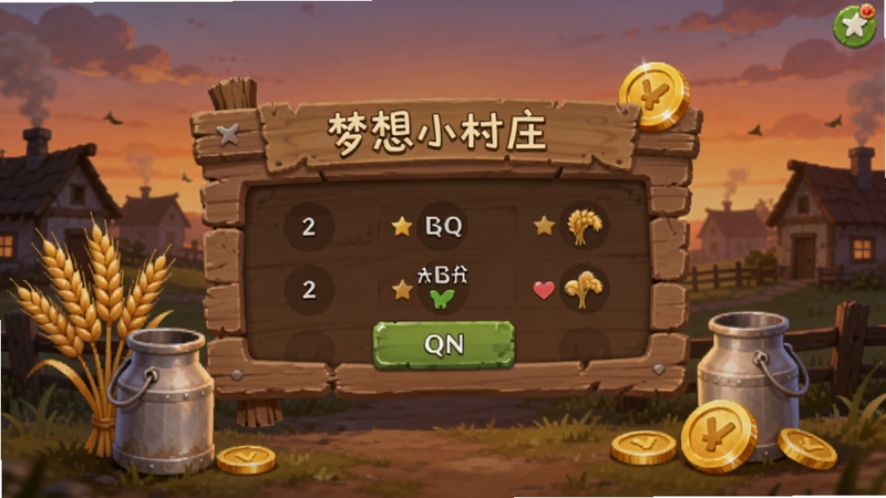 梦想小村庄离线收益结算弹窗界面,画面中显示木质告示牌样式的结算面板,周围散落着麦穗、牛奶桶与金币图标,背景为黄昏时分的村庄剪影,氛围温馨,突出挂机收获的轻松感