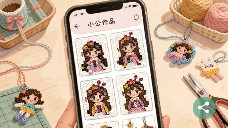 拼豆小公主作品集界面截图风格插画,手机屏幕显示多张拼豆图纸缩略图,旁边有分享按钮图标,背景是温馨的手工桌面,散落着拼豆成品小挂件